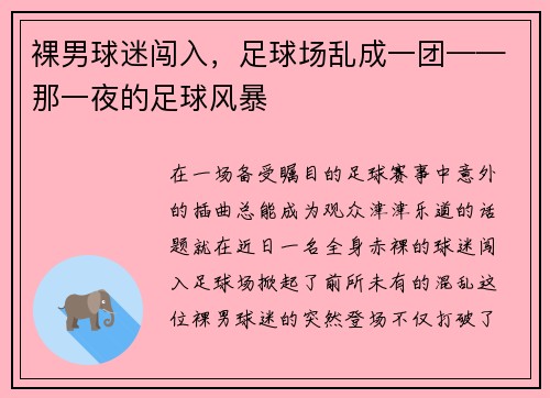 裸男球迷闯入，足球场乱成一团——那一夜的足球风暴